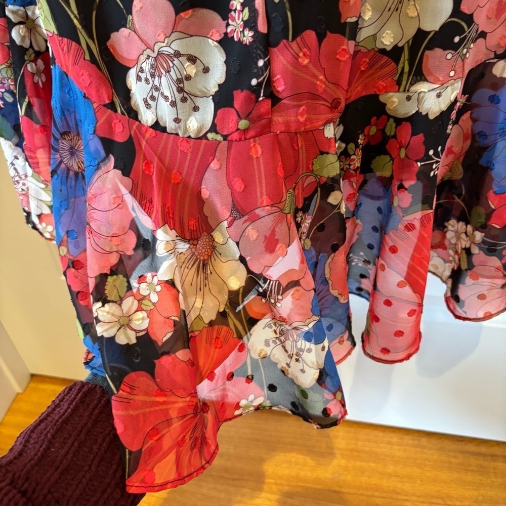Danny & Nicole Floral Chiffon Midi Dress Red Blue Sheer Sleeve Women’s 4 - Picture 6 of 6